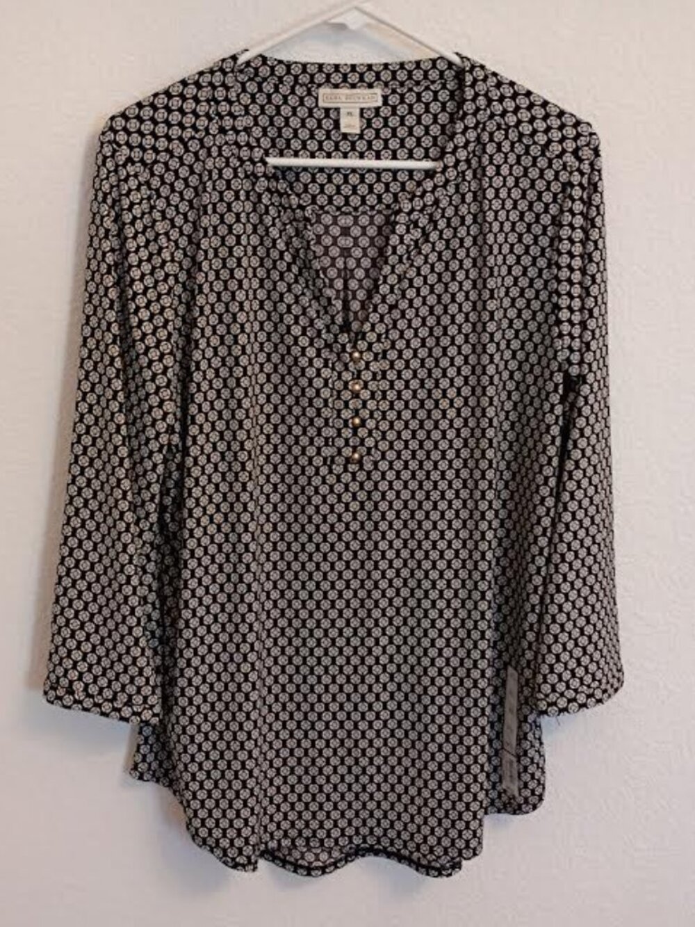 DANA BUCHMAN WOMEN'S TOP BLACK TAN CIRCLES 3/4 SLEEVES GOLD BUTTONS NWT XL